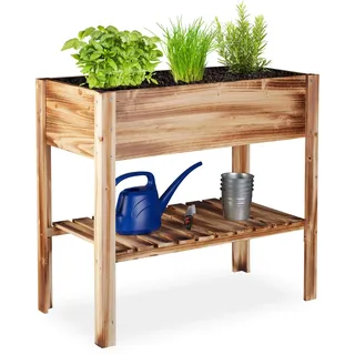 Relaxdays Hochbeet Holz mit Ablagefach 88 x 43,5 x 80 cm geflammt