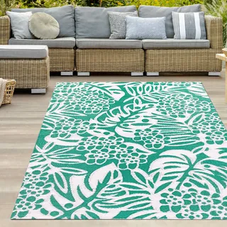 Teppich-Traum Outdoor Vorzelt Teppich Kunststoff groß XXL wetterfest wasserfest Camping Wohnmobil Blätter-Design Petrol 240 x 340 cm