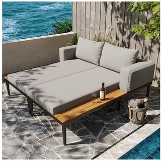Merax Loungebett, Gartenmöbel Liegestuhl Schlafsofa Loungesessel, 150x140x55cm 2 Teile, Loungesessel mit Stahlrahmen und Kissen, Doppelliege Gartenliege grau