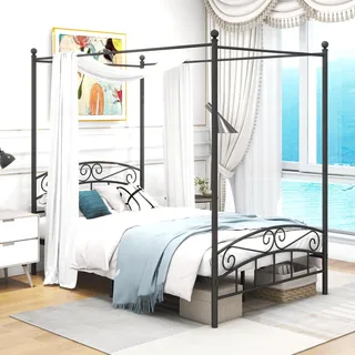 ARFARLY Himmelbett Bettgestell Doppelbett Metallbett Bettrahmen Lattenrost Schlafzimmerbett Schlafzimmermöbel Ehebett Schwarz 120x200cm