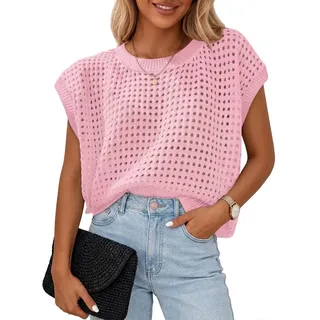 Chicrise Oberteil Damen Kurze Ärmel Mesh Loose Pullover Sommer Strick Netzshirt Häkel Rosa Groß 42-44 L - L
