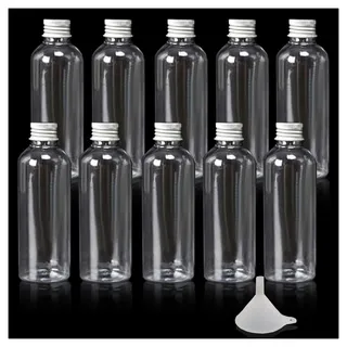 Kittenish Mini-Kunststoffflaschen, 80 ml, mit silberfarbenen Schraubverschlüssen, wiederverwendbar & Trichter für Partys