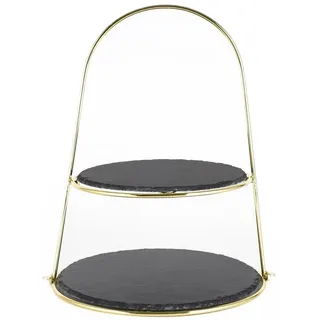 Echtwerk Etagere-/ Servier-Ablage für Gebäck, Obst, Käse und Dessert mit 2 Ebenen aus Naturschiefer und Bügelgriff, Gebäckständer, Ø Schieferplatten ca. 25/30 cm, Gold-Edition