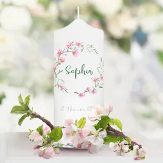 Taufkerze Mädchen Blütenkranz Magnolie rosa pastell bedruckt mit Namen, Datum und auf Wunsch eigenem, vorgegebenem oder keinem Taufspruch, Patenkerze 18 x 7 cm
