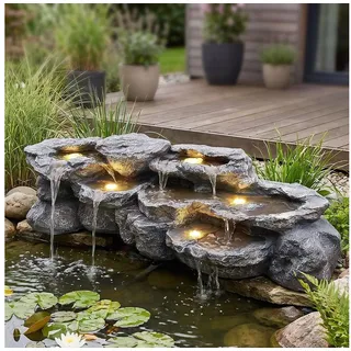 Arnusa Gartenbrunnen großer Teichwasserfall Wasserfall Felsen Kunststein mit LED und Pumpe, 109 cm Breite, Teichdekoration Springbrunnen Wasserspiel XL blau|grau