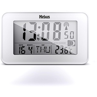 Mebus digitaler Weiß Funk-Wecker mit Mondkalender, Beleuchtung, Innenthermometer, 2 Weckzeiten, Schlummer-Funktion/Material: Kunststoff/Farbe Modell: 51461, L 4,8 x B 11,5 x H 6,8 cm