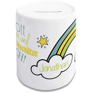 Spardose Taufe Junge personalisiert mit Namen, Geschenk für Patenkind, Kinder, Zwillinge, Regenbogen und Segen