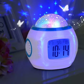 BSTCAR LED Stern Projektor Sternenhimmel Nachtlicht Projektor mit Kalender, Digitaler Wecker, Thermometer und Musik, Batteriebetriebene Projektorlampe Schlafzimmer, Heimkino,