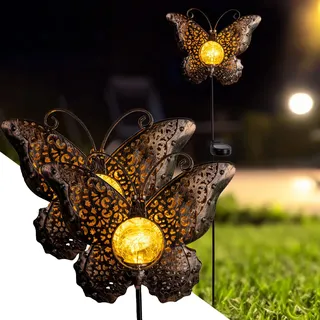 2er-Set Solar-Schmetterlingsdeko: 102cm, LED Crackle-Glas, Gartenstecker - Stimmungsvolle Beleuchtung - Zauberhafter Schmetterling für Garten & Beet