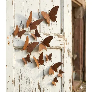 NaturKultDeko by Sophie Rost Deko Schmetterlinge aus Metall - 14 Stück Set Edelrost Wanddeko für Garten Balkon und Zaun - Wetterfeste Gartendeko in Vintage Shabby Chic Landhaus Optik - DIY Basteln