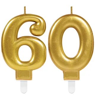 Carpeta 2X Zahlenkerzen * Zahl 60 * in Gold | 11cm x 9cm groß | Deko Goldene Hochzeit Jubiläum Geburtstagskerze Kerze Geburtstag