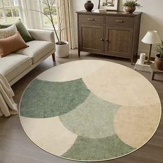 Runder Teppich 100cm Grün Taupe, Halbkreis Waschbarer Teppich Wohnzimmer | Türkis Flauschig Antirutsch, Kurzflor Teppich Wohnzimmer Waschbar Modern Weich Teppich Rund