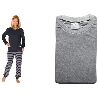Damen Frottee Pyjama, Rundals, Uni, Hose in Ringel-Optik, Grau, 59906, Gr. L 44/46 - 44-46