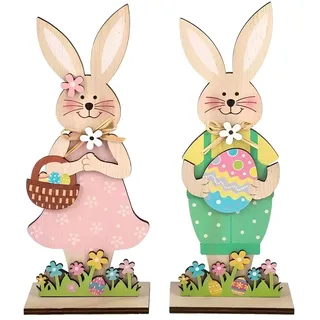 OYZOQ 2 Set Osterdeko Holz Hase, Osterhase Deko aus Holz, zum Hinstellen, De-ko Aufsteller für Ostern,Osterdekoration Garten, osterd-eko outdoor, Osterhasen De-ko Holz(B)