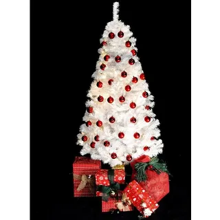 Weißer Weihnachtsbaum 210cm fertig geschmückt mit roten Kugeln und 288 LEDs von