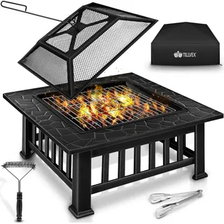 tillvex Feuerschale mit Funkenschutz & Grillrost | Feuerstelle Outdoor für den Garten | 3 in 1 BBQ Grill mit Abdeckung, Schürhaken, Zange & Kohle...