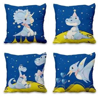 Aoihrraan 41x41cm 4er Set Süß Karikatur Tier Dekorativ Kissenbezug Dunkelblau Sternenklarer Himmel Dinosaurier Planet Quadratische Sofakissen Baby Dekokissen Aus Leinen Kinder Sofa Bett Schlafzimmer