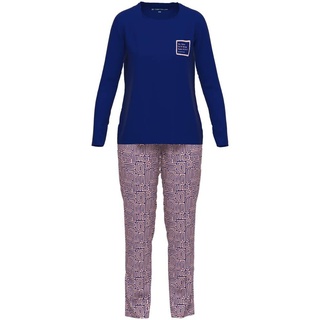 TOM TAILOR Damen Schlafanzug - Pyjama, Baumwolle, Rundhals, Muster, lang Blau/Rosa XS