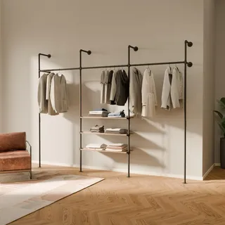 pamo Offener Kleiderschrank Wandmontage Industrial – Begehbarer Kleiderschrank System mit Eichenholz-Regal | Wandsystem aus Wasserrohren Metall schwarz | 340 kg Traglast | 296 x 222 cm
