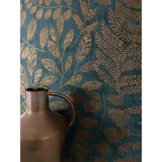 Newroom Vliestapete Home & Living Floral, Petrol Tapete Modern Zweige - Mustertapete Blumentapete Braun Bronze Floral Zweige Blätter Leicht glänzend für Schlafzimmer Wohnzimmer Küche, Blumentapete blau