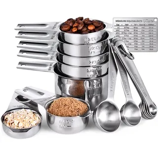 U-Taste Messbecher und Löffel mit Waage 15 Stück aus 18/8 Edelstahl: 7 Cup Becher & 7 TL/EL Dosierlöffel mit 2 D-Ringen und 1 Professionellen Magnetischer Messumrechnungstabelle (Silber)