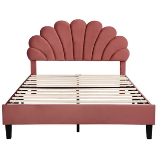 Merax Polsterbett Doppelbett 140 x 200 cm, Erwachsenen-bett in hautfreundlichem Samtstoff, Gästebett Bohnenrot