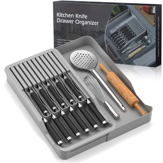 WenYa Küchenmesser-Schubladen-Organizer, 2-stöckiger Messerhalter für 11 Messer mit erweiterbarem Organizer, Küchenablage für Schublade spart Platz