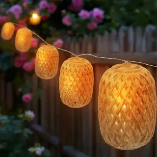 Spetebo Lichterkette Solar 450 cm Rattan Hellbraun