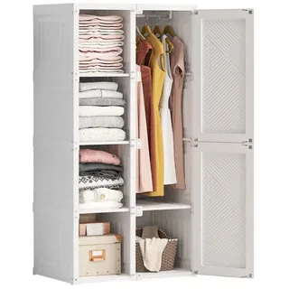 FUROKOY Kleiderschrank Drehtürenschrank Faltbarer Kleiderschrank Garderoben Hochschrank (Wäscheschrank Mehrzweckschrank mit Kleiderstange,Versteckter Türgriff) 8 Fächer, 2 Türen und 1 Kleiderstange (136x69x50cm),Weiß weiß