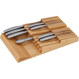 Relaxdays Messerhalter Schublade, für 9 Messer & Wetzstahl, Bambus Messerblock liegend, HxBxT: 5,5 x 13 x 40 cm, natur