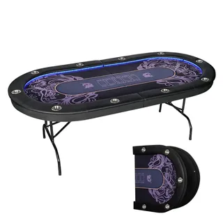 Klappbarer Pokertisch für 10 Spieler mit blauen LED-Lichtern, Getränkehaltern aus Edelstahl und zusammenklappbaren Beinen – Casino Tischplatte Texas Holdem Pokertisch