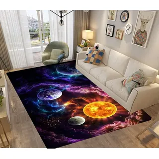 PEIHUODAN 3D Galaxis Universum Stern Teppich Kinder Jungen Teenager Groß Kinderzimmer Gaming Teppich Schlafzimmer Dekoration Wohnzimmer Modern Weich Kinderteppiche Bunt Waschbarer (120 x 180 cm,Gelb)