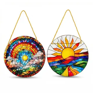 Kaiyzo 2 Stück Sonnenfänger Fenster Boho Deko, Acryl Scheibe Bunt Sonne Muster, Fensterdeko Hängend Garten Balkon, Wanddeko Glas Effekt, Türanhänger 20cm