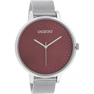 Oozoo Damenuhr mit Milanaise Edelstahlband XXL 48 MM Rot Mandala / Silberfarben