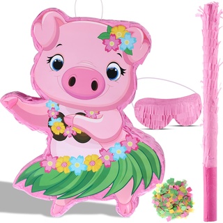 Kleine Schwein Pinata Hawaii Party Dekoration Rosa Schweine Pinata mit Augenbinde Konfetti für Kinder Sommer Hawaii Aloha Tropische Themen Geburtstag Party Zubehör, 16,5 x 12,4 x 3,1 Zoll