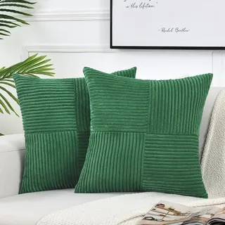 Set Mit 2 Dekorativen Kissenbezügen Für Schlafsofas Im Rustikalen Und Bohemischen Stil Aus Weichem Cord Mit Patchwork-struktur (60 X 60 Cm) – Dunkelgrün