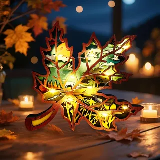 Herbstdeko Beleuchtung Holz, 3D Herbst Dekoration Hohl Ahornblatt Kürbis Mit LED Lichterkette, Herbst Deko Innen Für Schlafzimmer Wohnzimmer TischDeko, Geschenk Für Erntedank (Ahornblatt)