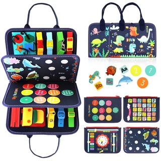 Qizfun Busy Board Montessori Spielzeug für 1 2 3 4 Jahre – Kleinkinder Activity Board Sensorisches Lernspielzeug, Kleinkind Reisespielzeug für Flugzeugauto, Geschenk für Jungen Mädchen (Blau)