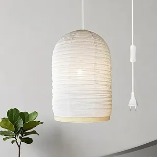 Methedeeco Hängelampe Stoff Bambus, 34 x 50 cm | Mit Stecker, Handgefertigt, 4,75 m Kabel, Boho Lampe für Schlafzimmer, Wohnzimmer, Essbereich, Ohne Leuchtmittel