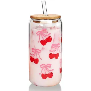 Bogen Kirsche Glas Tasse mit Deckel und Strohhalmen, 17.6oz Kirsche Dekor Eiskaffee Tasse, Coquette Nette Glasschale Trinkglas Tumbler, Muttertag Geburtstagsgeschenk für Frauen