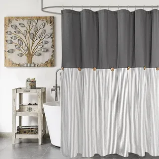 DOSLY IDÉES Leinen-Baumwoll Duschvorhang, Landhausstil, Grau Gestreift,Knöpfen,gewebter Stoff, plissiert, 180 x 180 cm