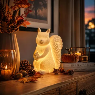 Jumbos Dekowelt Eichhörnchen mit Eichel LED Porzellan – Warmweiße LED Beleuchtung, 6H Timer, Herbstdekoration, Herbst Deko, Herbstfigur, Wohnzimmer, Fensterbank Deko, Tischdeko Klein