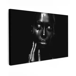 MuchoWow© Wandbilder Schlafzimmer Home Deko Wohnung Bild Wohnzimmer | 90x60 cm - Fotoleinwand Wand Bilder Leinwand Wall Decor Frau - Silber - Malerei - Schwarz und weiß - Porträt