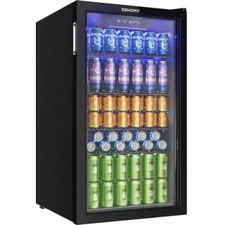 EUHOMY Getränkekühlschrank 90L mit Glastür, 126 Dosen, Schwarz | LED, 0-16 °C, Wechselbarer Türanschlag, Verstellbare Regale, Freistehendes Design, leise & energiesparend, Für Zuhause, Bar