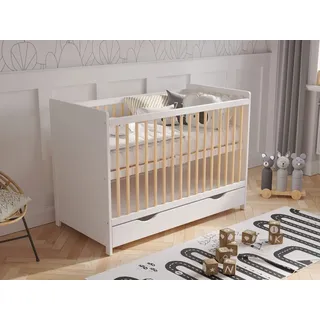 Love For Sleep Babybett Beistellbett mit Schublade 120x60cm mit Schaumstoffmatratze mit gestepptem Bezug Weiß-Kiefer Tokyo Kinderbett Baby Bett Holz - Kinderbett, Mitwachsend Gitterbett