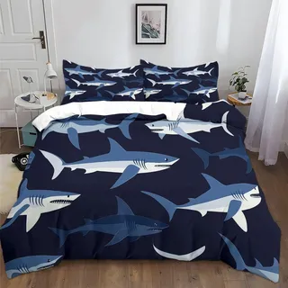 Generisch Bettwäsche Set Cartoon Tiere Haie, Microfaser Bettbezug mit Reißverschluss 135x200 cm und 2 Kissenbezügen 80x80 cm, Dunkelblau Atmungsaktive Weich und Bügelfrei Bettbezug