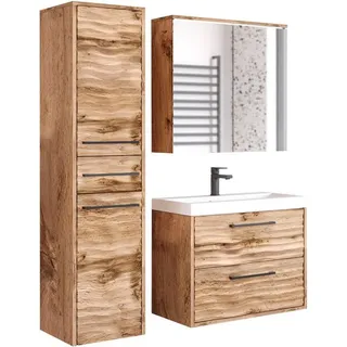 welltime Badmöbel-Set Canada - Fronten mit Wellenstruktur, (Komplett-Set, 3-St., Fronten mit Wellenstruktur), Badmöbel mit Soft-Close, Spiegelschrank, Waschtisch mit Becken beige
