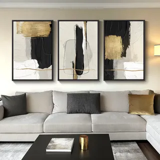 Große, gerahmte schwarz-weiße abstrakte Wandkunst für Wohnzimmer, 3-teilig, große Leinwanddrucke, Gemälde für Wände, moderne, minimalistische schwarz-goldene Bilder für Flur, Büro, Wanddekoration, 61