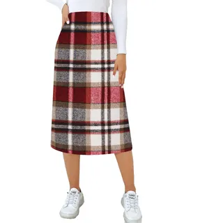 CYCLAMEN Frauen Plaid Rock Hohe Taille Bodycon Bleistift Mini Midi Röcke 2023 Herbst Winter A Linie Wollrock, Midi, Weinrot, Groß - L