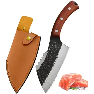 Fubinaty Kochmesser mit Scheide Japanisch geschmiedetes Hackmesser | Full Tang Fleischbeil High Carbon Steel Outdoor Küchenmesser mit Rosenholzgriff